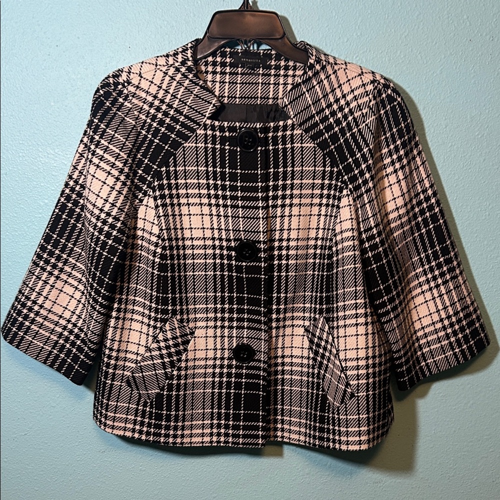 Semantiks Black and Cream Plaid Cape Jacket. Wool Blend.  Adorable vintage inspo